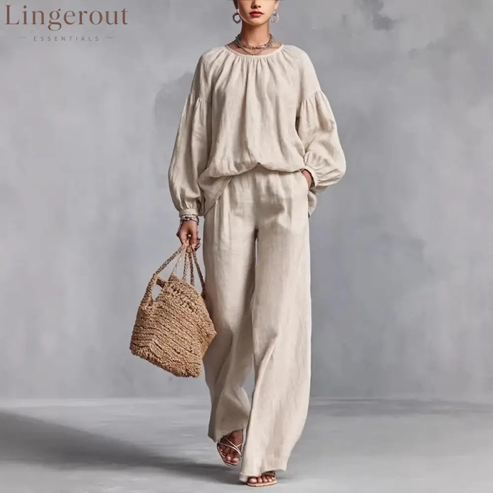 Elastic Neck Linen Blend Matching Two Piece Set - Khaki / S