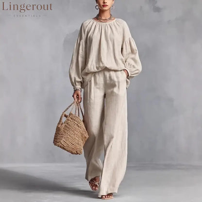 Elastic Neck Linen Blend Matching Two Piece Set - Khaki / S