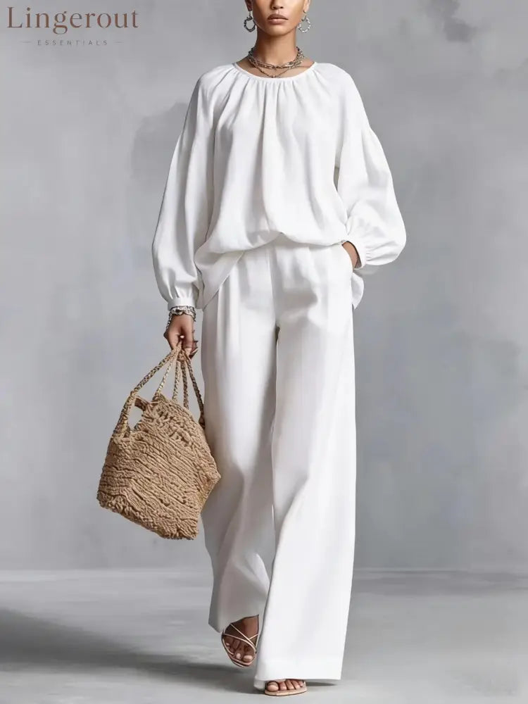 Elastic Neck Linen Blend Matching Two Piece Set - White / S