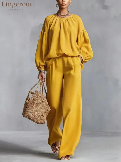 Elastic Neck Linen Blend Matching Two Piece Set - Yellow / S