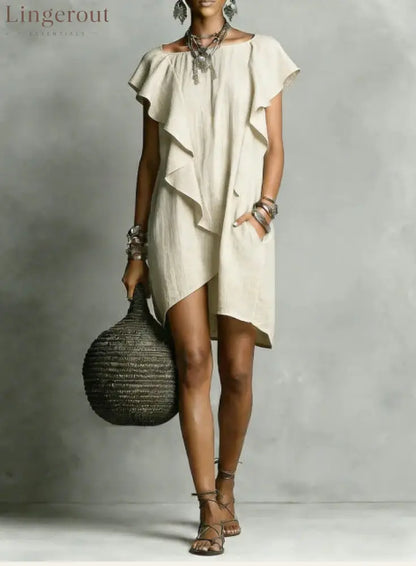 Elegant And Romantic Contrasting Color Ruffle Dress - Apricot / S