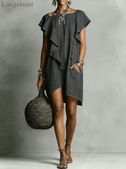 Elegant And Romantic Contrasting Color Ruffle Dress - Dark gray / S