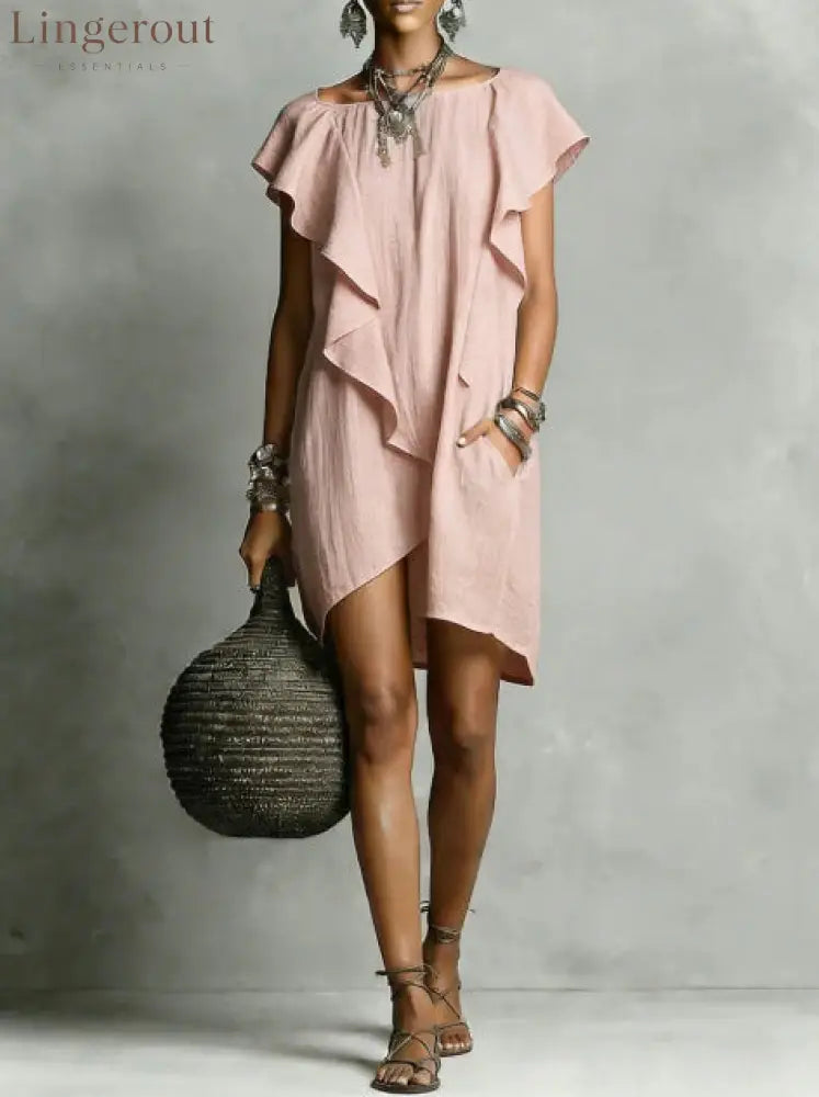 Elegant And Romantic Contrasting Color Ruffle Dress - Pink / S