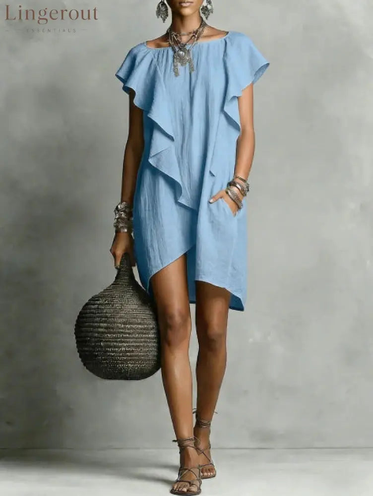 Elegant And Romantic Contrasting Color Ruffle Dress - Sky blue / S