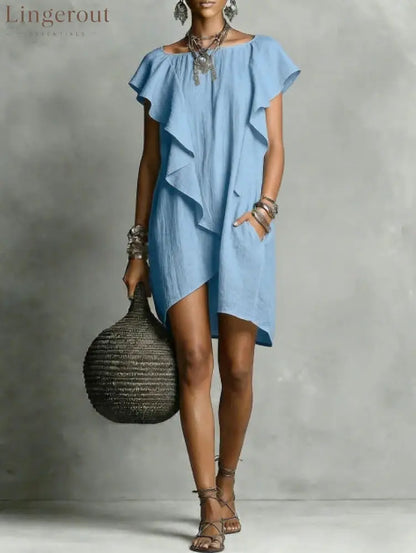 Elegant And Romantic Contrasting Color Ruffle Dress - Sky blue / S