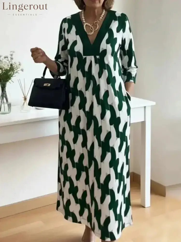 Elegant Art Print Color Block Trim V-neck Midi Dress - Green / S