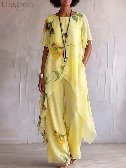 Elegant Artistic Sunflower Print Two-piece Set - Yellow / S