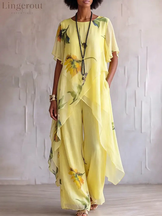 Elegant Artistic Sunflower Print Two-piece Set - Yellow / S