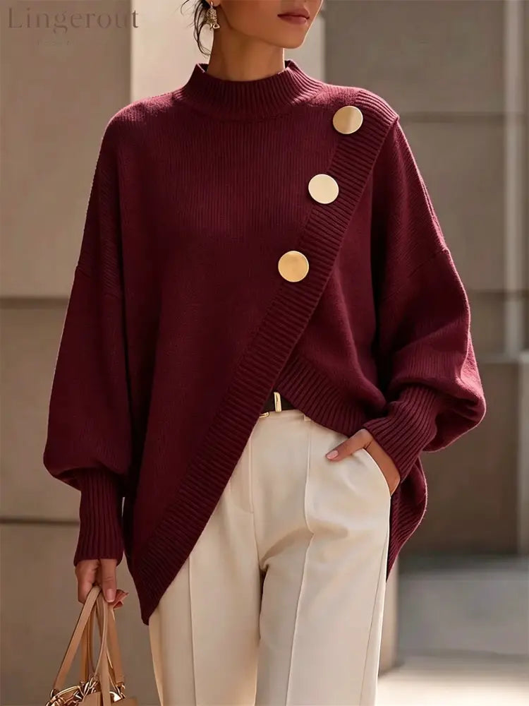 Elegant Asymmetrical Gold-Button Knit Sweater - Burgundy / S