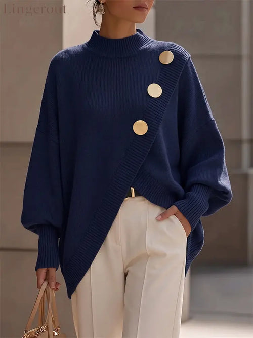 Elegant Asymmetrical Gold-Button Knit Sweater - Roya Blue / S