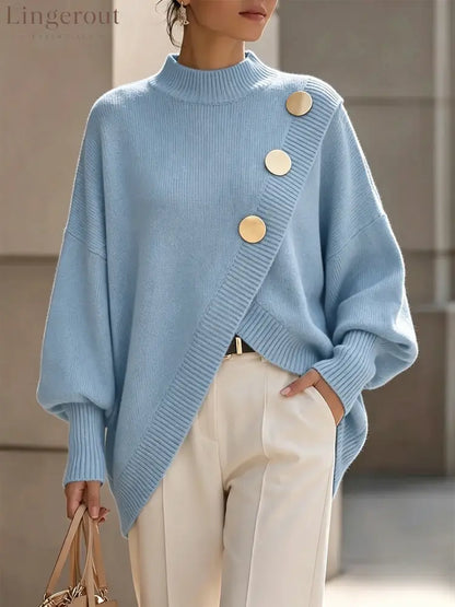 Elegant Asymmetrical Gold-Button Knit Sweater - Sky Blue / S