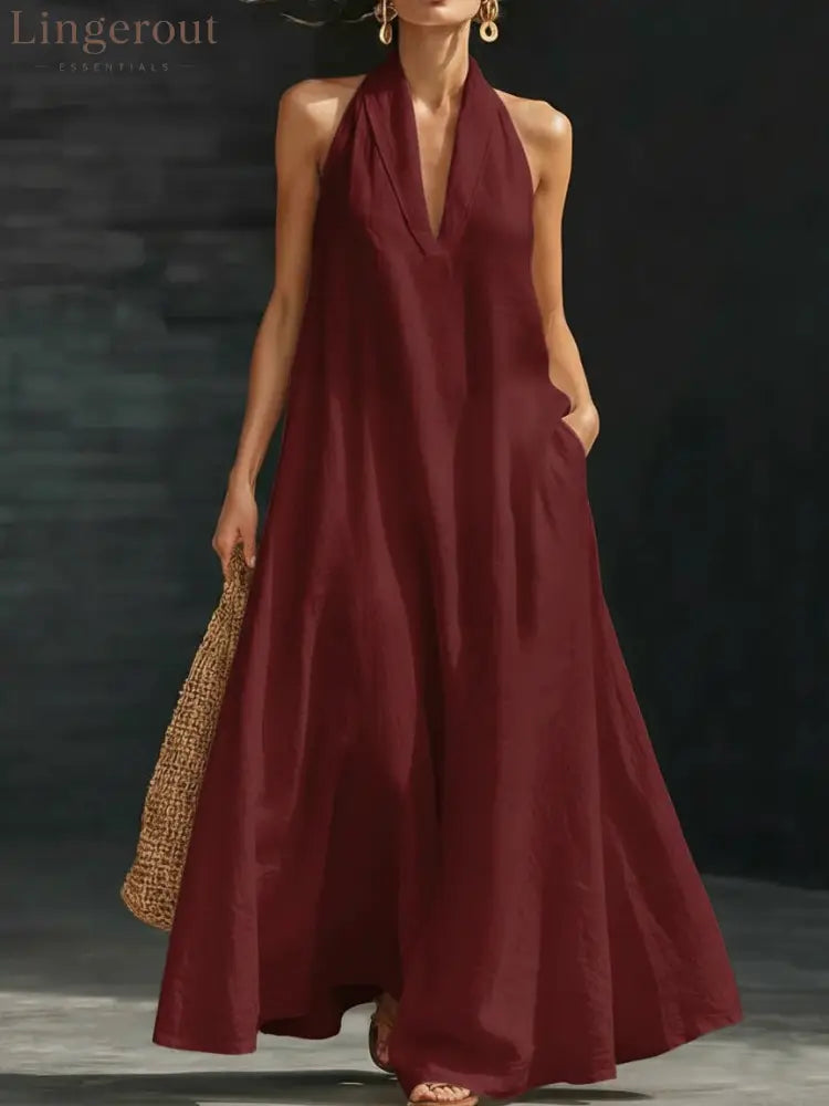 Elegant Black Halter Neck Maxi Dress – Casual Loose Cotton Linen Sundress with Pockets - Burgundy / S