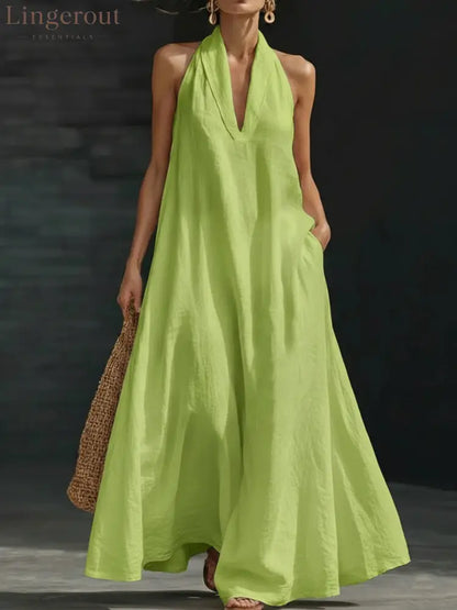 Elegant Black Halter Neck Maxi Dress – Casual Loose Cotton Linen Sundress with Pockets - Light green / S