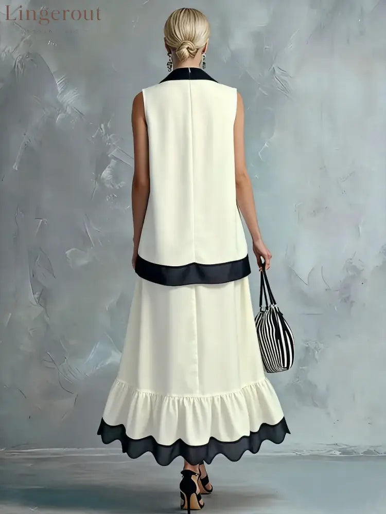 Elegant Black & White Tiered Two-Piece Maxi Set
