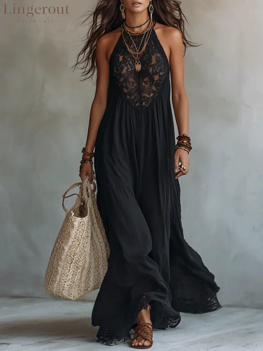 Elegant Bohemian Sleeveless Soft Drape Statement Evening Maxi Dress - Black / XS