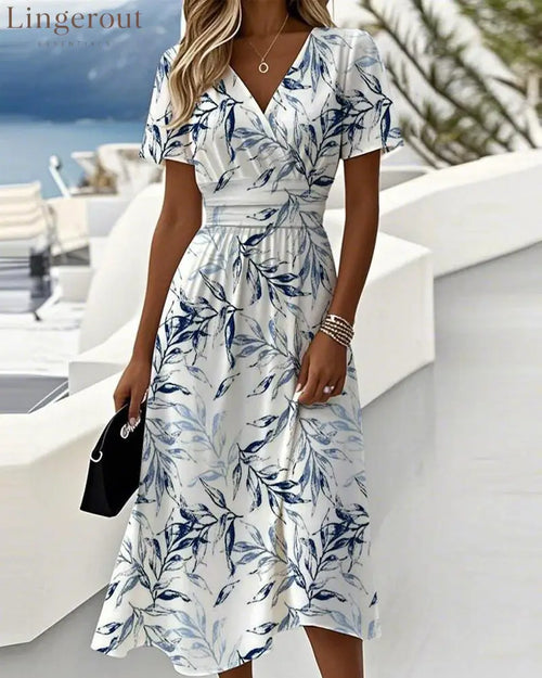 Elegant Botanical-Print Dress - White / S
