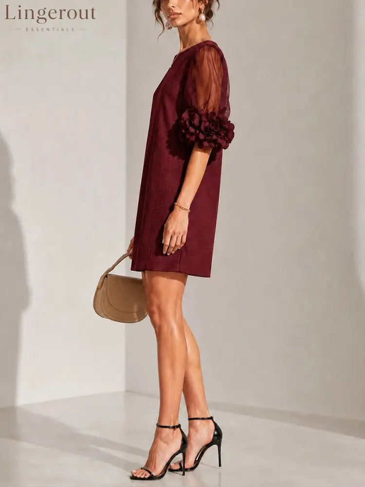 Elegant Burgundy 3D Rosette Organza Sleeve Mini Dress