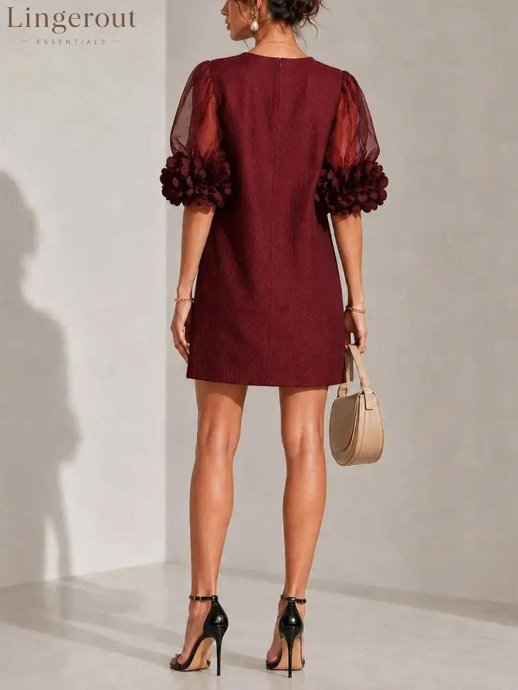 Elegant Burgundy 3D Rosette Organza Sleeve Mini Dress