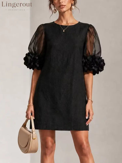 Elegant Burgundy 3D Rosette Organza Sleeve Mini Dress - Black / S