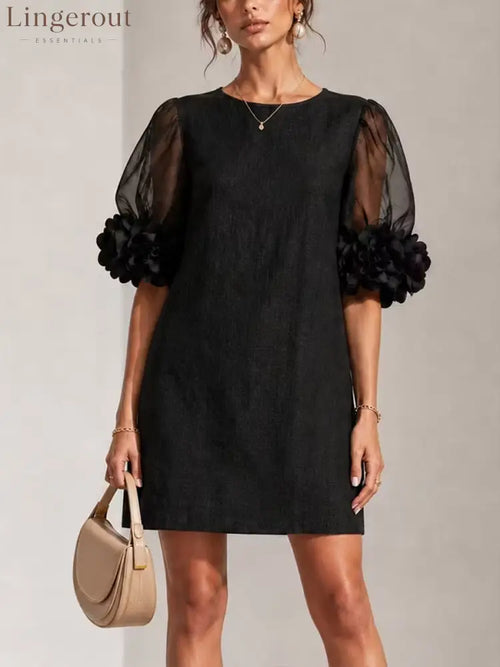 Elegant Burgundy 3D Rosette Organza Sleeve Mini Dress - Black / S