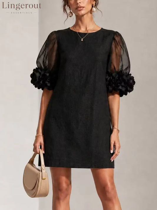 Elegant Burgundy 3D Rosette Organza Sleeve Mini Dress - Black / S