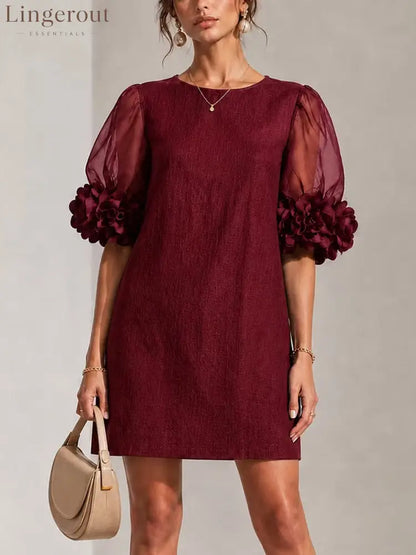 Elegant Burgundy 3D Rosette Organza Sleeve Mini Dress - Wine / S