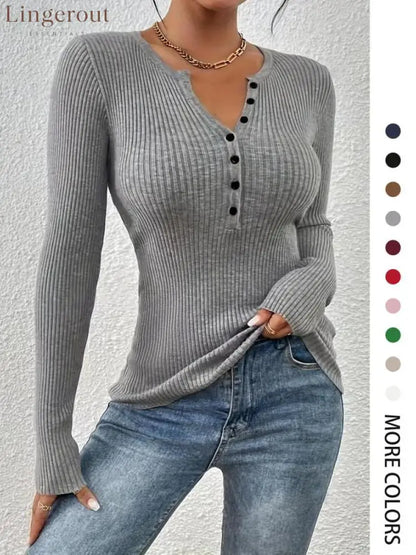 Elegant Chic Slim Fit Long Sleeve Round Neck Tops - Grey / XS
