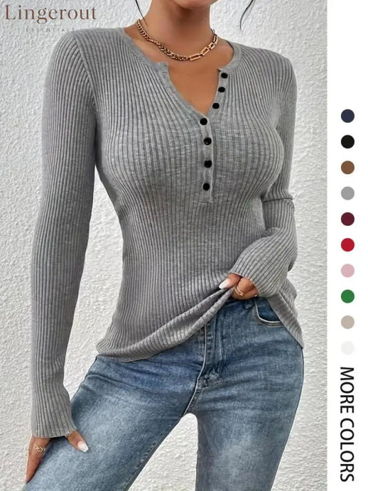 Elegant Chic Slim Fit Long Sleeve Round Neck Tops - Grey / XS