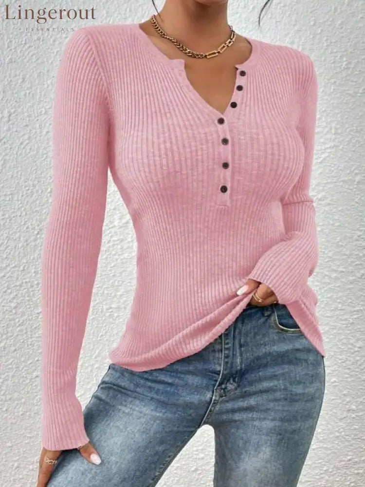 Elegant Chic Slim Fit Long Sleeve Round Neck Tops - Pink / XS
