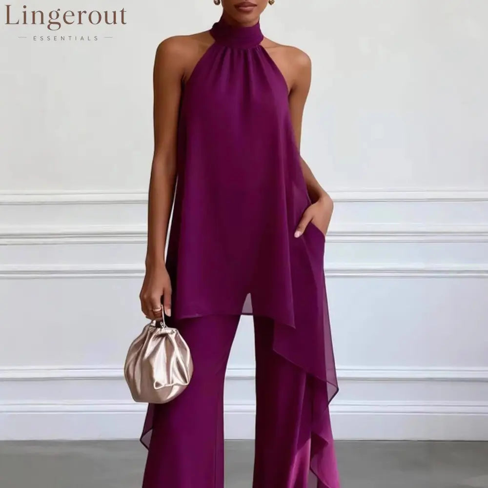 Elegant Deep Purple Chiffon Halter Neck Two-Piece Wide-Leg Pants Set