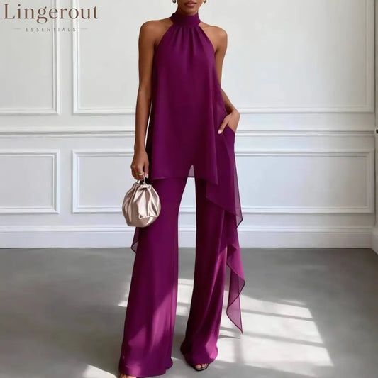 Elegant Deep Purple Chiffon Halter Neck Two-Piece Wide-Leg Pants Set