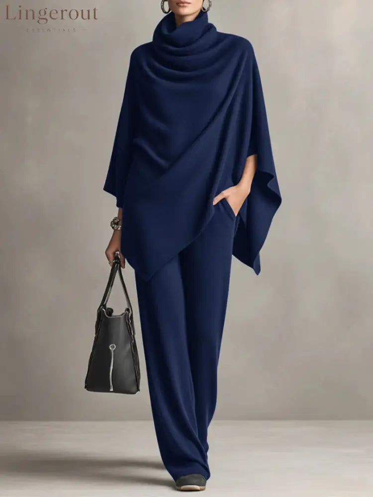 Elegant Drape Two-Piece Set - Navy Blue / S