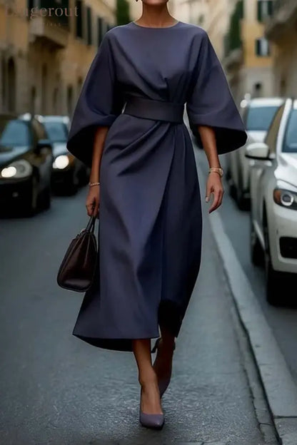 Elegant Dress with Lantern Sleeves - Blue / S