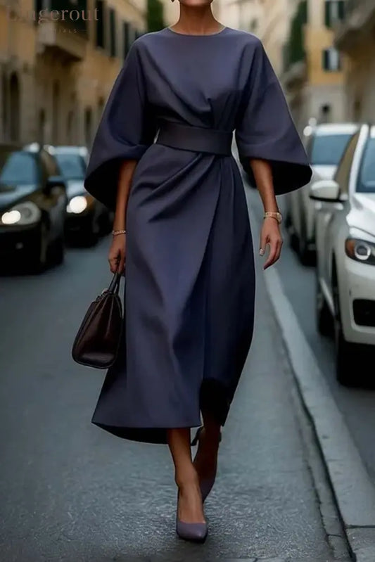 Elegant Dress with Lantern Sleeves - Blue / S