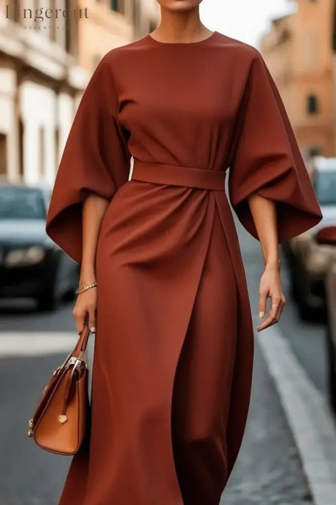 Elegant Dress with Lantern Sleeves - Brown / S