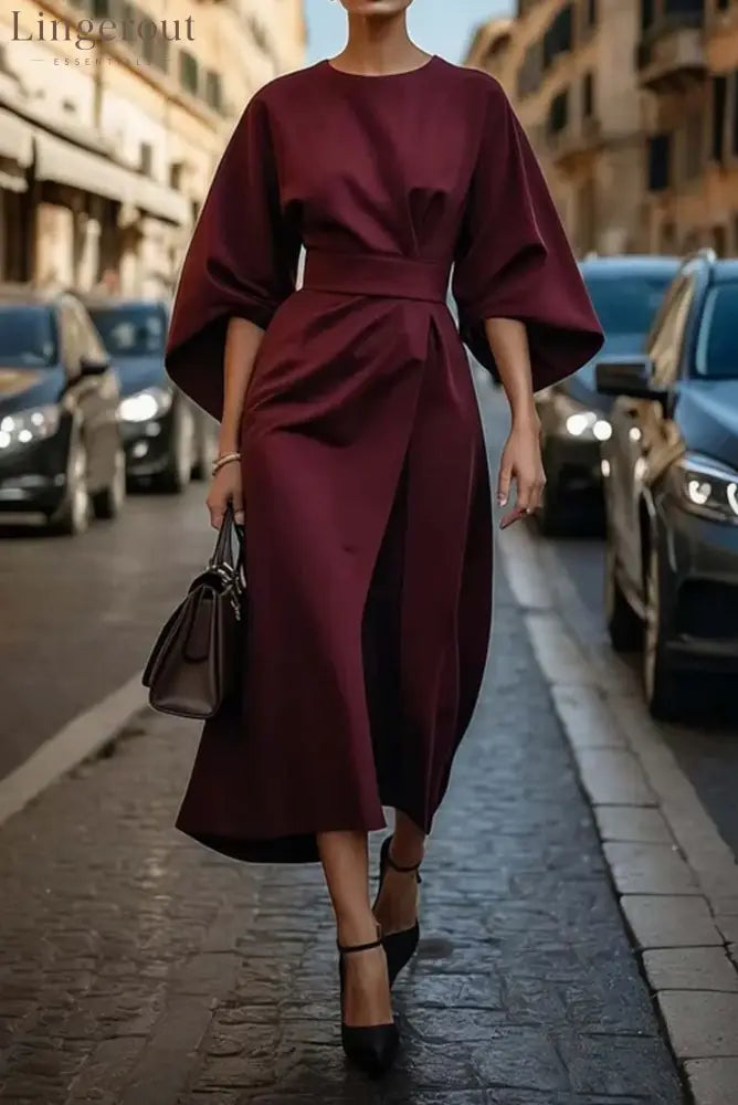 Elegant Dress with Lantern Sleeves - Burgundy / S