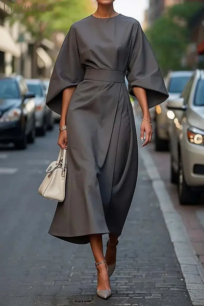 Elegant Dress with Lantern Sleeves - Gray / S