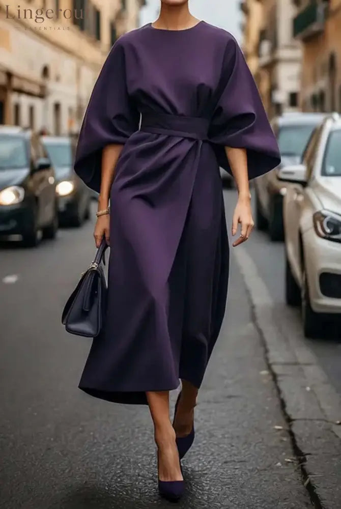 Elegant Dress with Lantern Sleeves - Purple / S