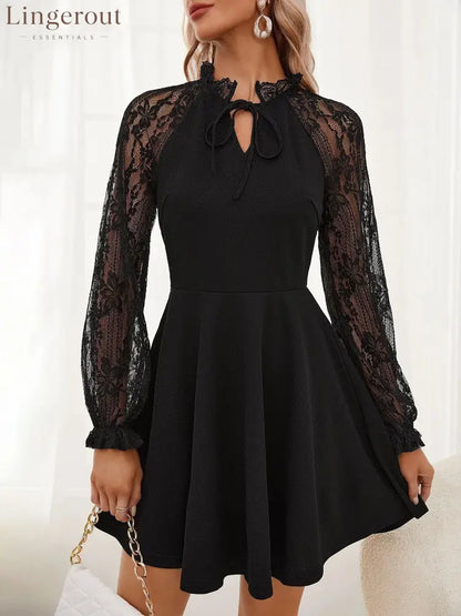 Elegant Floral Lace Sheer Patchwork Long Sleeves A-Line Mini Dress