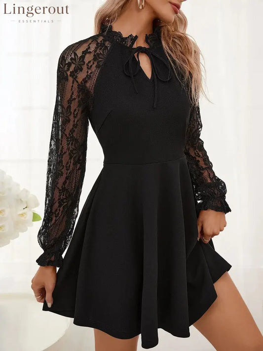 Elegant Floral Lace Sheer Patchwork Long Sleeves A-Line Mini Dress - Black / S