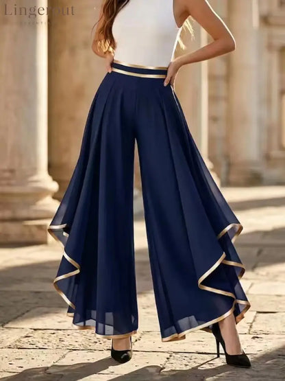 Elegant Gold Trim Wide Leg Chiffon Pants - Blue / S