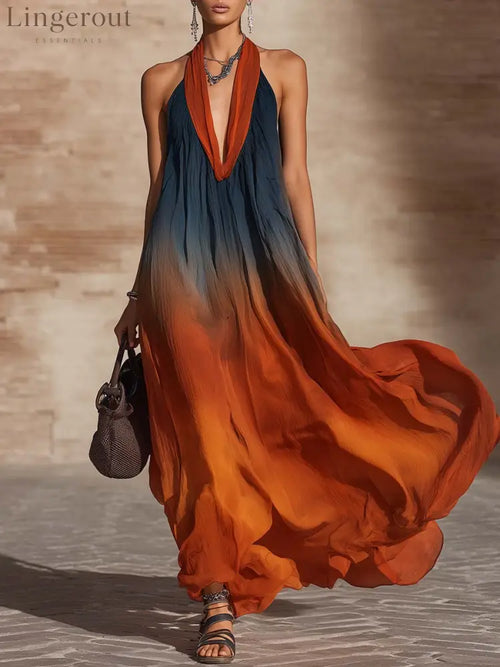 Elegant Halter Neck Gradient Loose Maxi Dress - Orange / S
