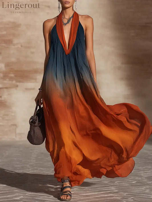Elegant Halter Neck Gradient Loose Maxi Dress - Orange / S