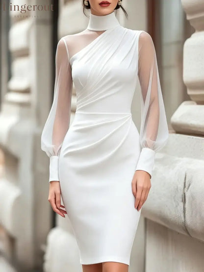 Elegant High-End Satin Mesh Splicing High-Neck Waist-Hugging Evening Dress - White / S