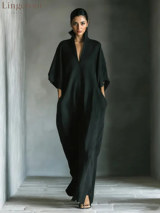 Elegant High-Neck Batwing Sleeve Maxi Dress - Black / S
