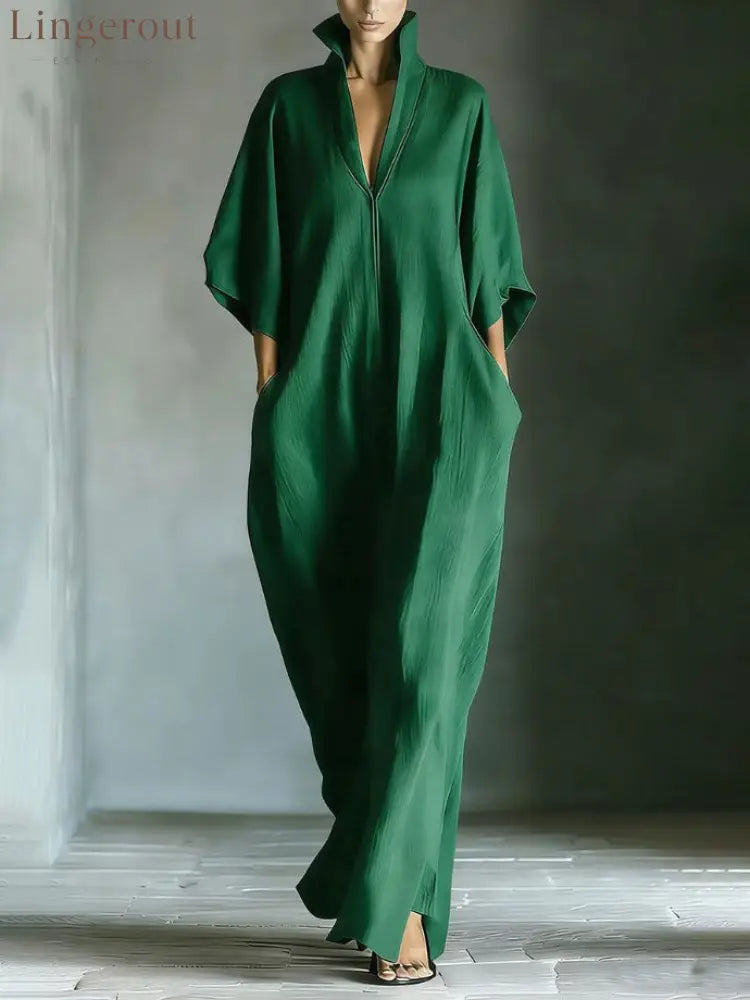 Elegant High-Neck Batwing Sleeve Maxi Dress - Green / S