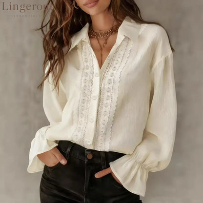 Cross-Border Amazon Hot Sale 2026 Women’S Solid Color Lapel Single-Breasted Lace Splicing Long-Sleeved Solid Color
