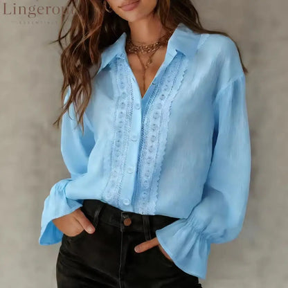 Cross-Border Amazon Hot Sale 2026 Women’S Solid Color Lapel Single-Breasted Lace Splicing Long-Sleeved Solid Color