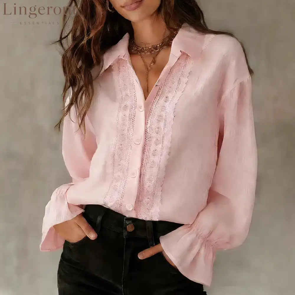 Cross-Border Amazon Hot Sale 2026 Women’S Solid Color Lapel Single-Breasted Lace Splicing Long-Sleeved Solid Color