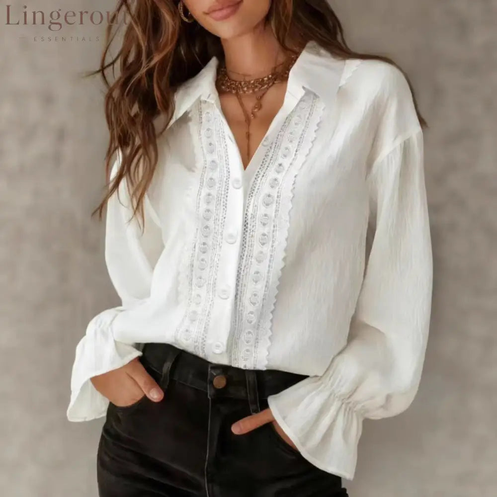 Cross-Border Amazon Hot Sale 2026 Women’S Solid Color Lapel Single-Breasted Lace Splicing Long-Sleeved Solid Color